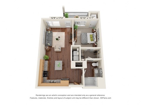 Floor plan for 1 bed, 1 bath, 723 sqft